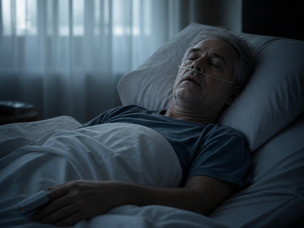 A photorealistic close-up portrait of a middle-aged person lying asleep on their back in…