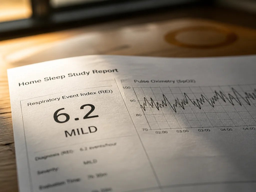 A photorealistic macro medical illustration-style photograph of a printed home sleep study report resting…