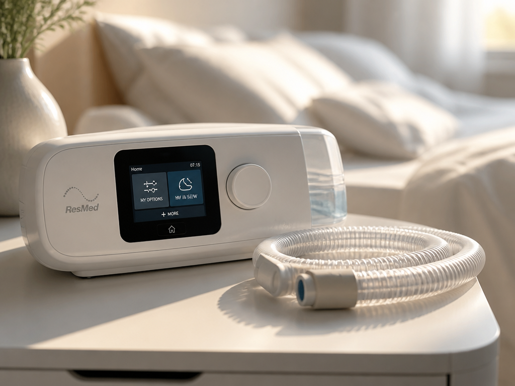 A close-up product photograph of a modern white CPAP machine resting on a minimalist…