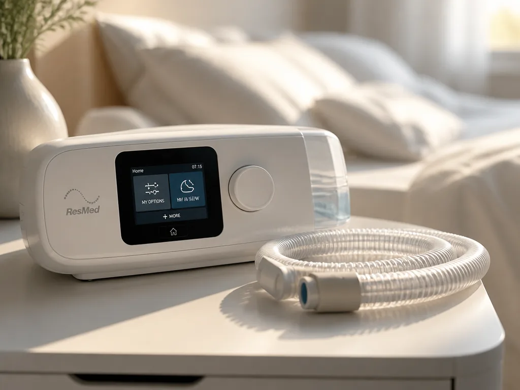 A close-up product photograph of a modern white CPAP machine resting on a minimalist…