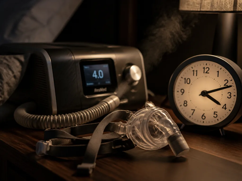 A close-up photorealistic macro image of a bedside table in a dim bedroom, featuring…