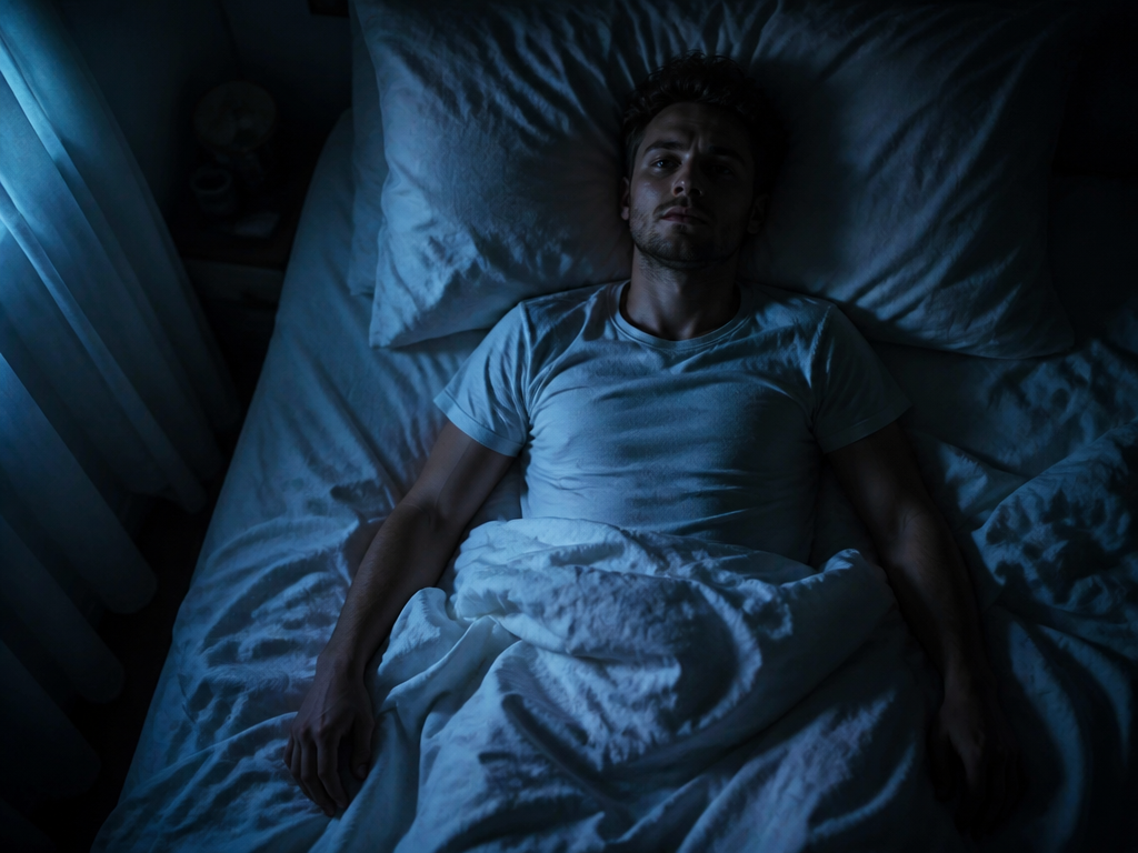 A photorealistic overhead shot of a person lying awake in bed at 3 a.m…