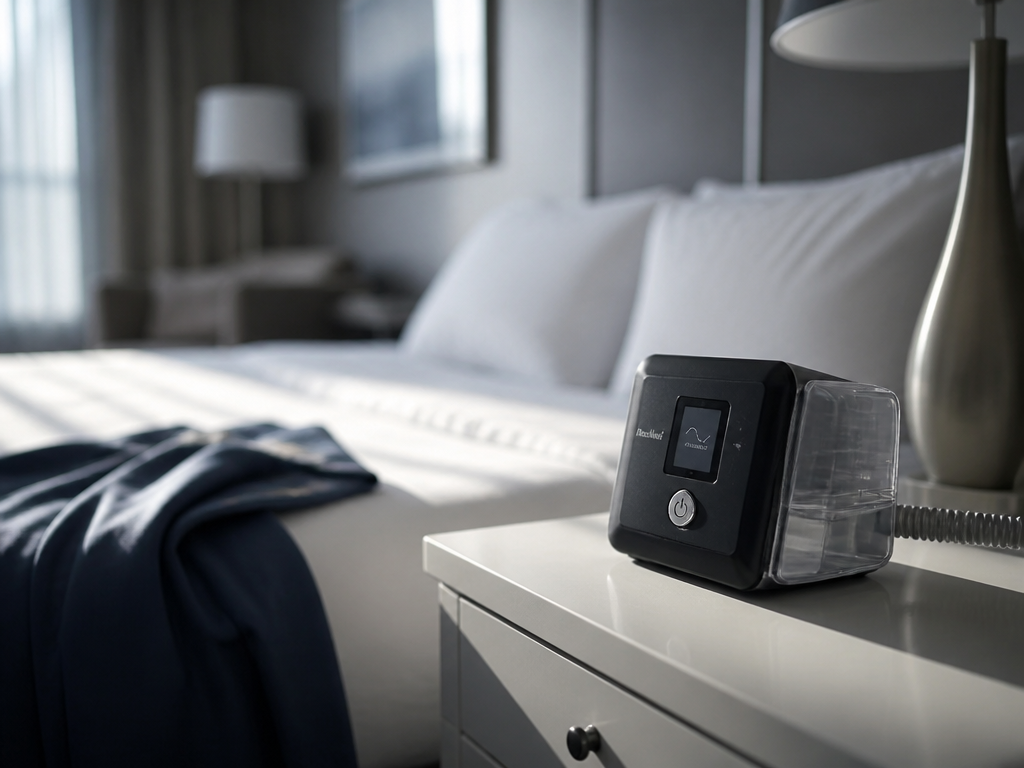 A compact portable CPAP machine sitting on a crisp white hotel nightstand beside a…