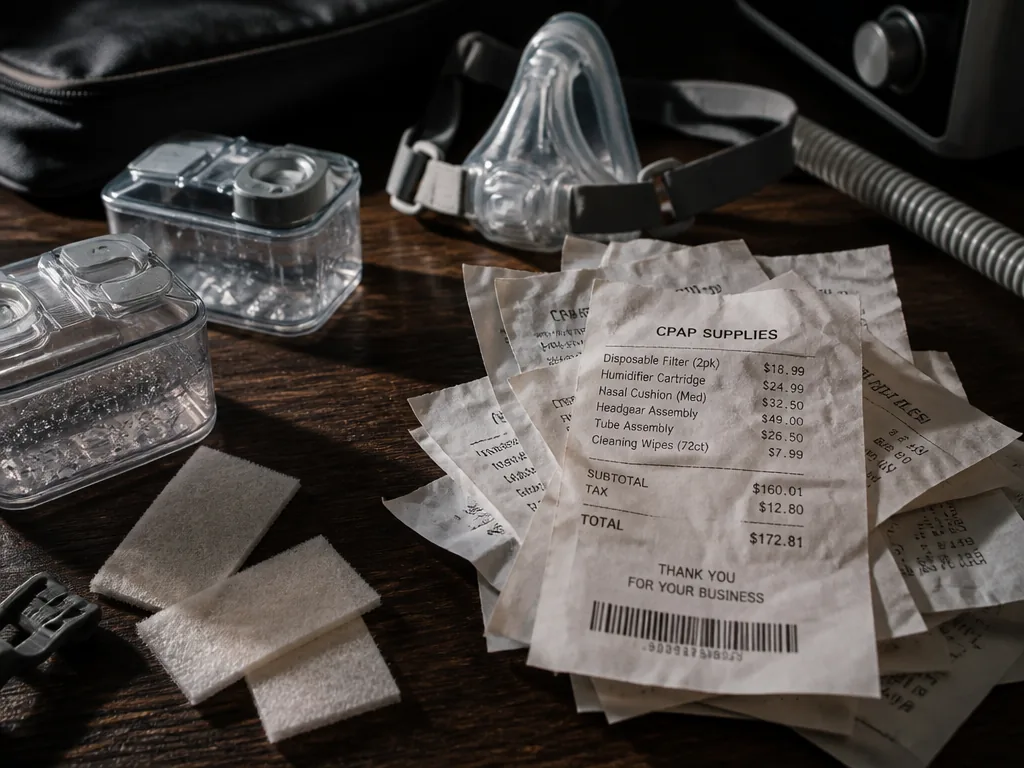 A flat-lay overhead composition on a dark wooden desk showing scattered CPAP consumables —…