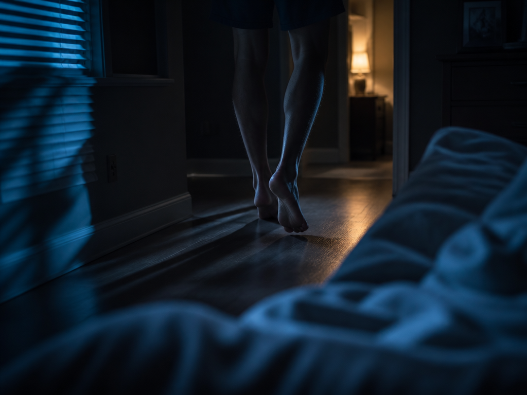 A dim bedroom at 11 p.m., photographed from a low angle at the edge…