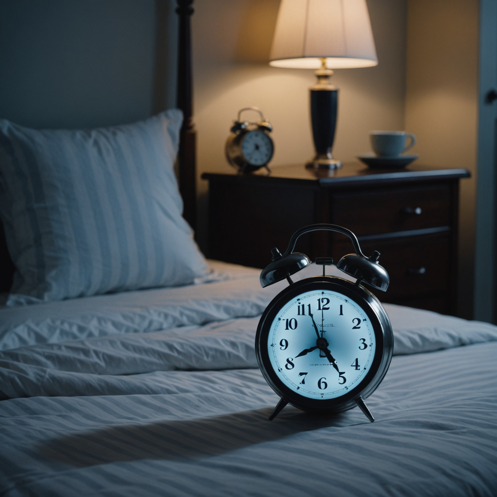 A dimly lit bedroom photographed at 3:47 a.m., the digital alarm clock glowing red…