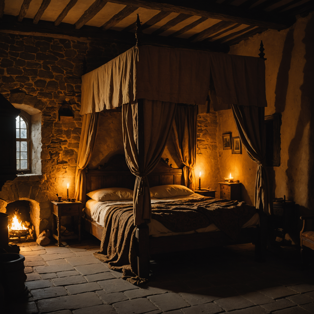 A dimly lit 17th-century-style bedroom photographed in the dead of night, a rumpled linen-sheeted…