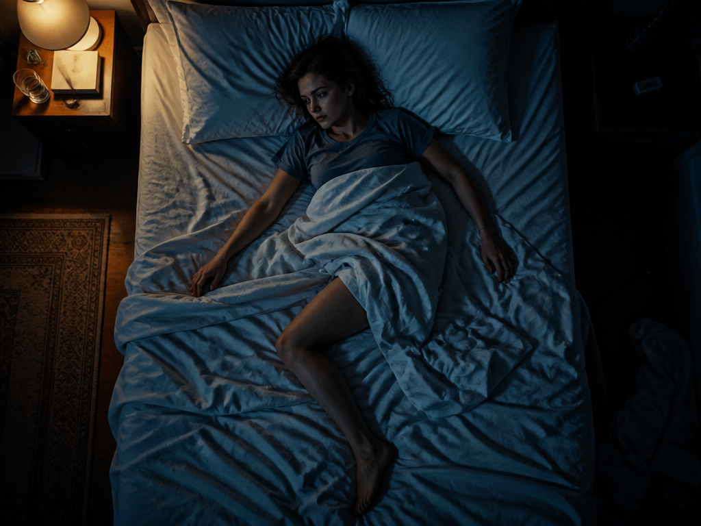 A photorealistic overhead night-time photograph of a person lying awake in bed, tangled slightly…