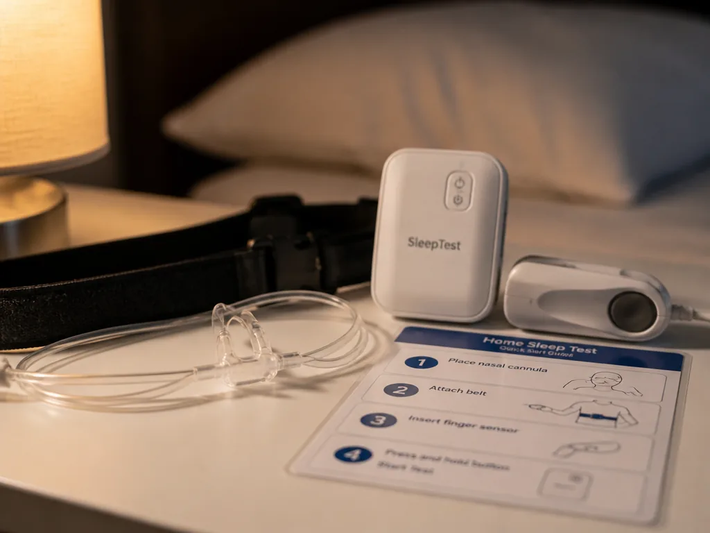 A close-up macro photograph of a home sleep test kit laid out on a…