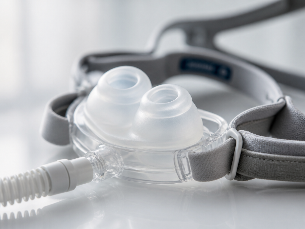 A close-up macro photograph of a modern nasal pillow CPAP mask resting on a…
