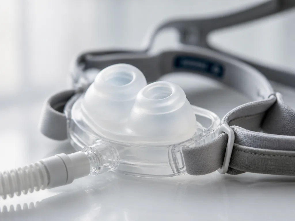 A close-up macro photograph of a modern nasal pillow CPAP mask resting on a…