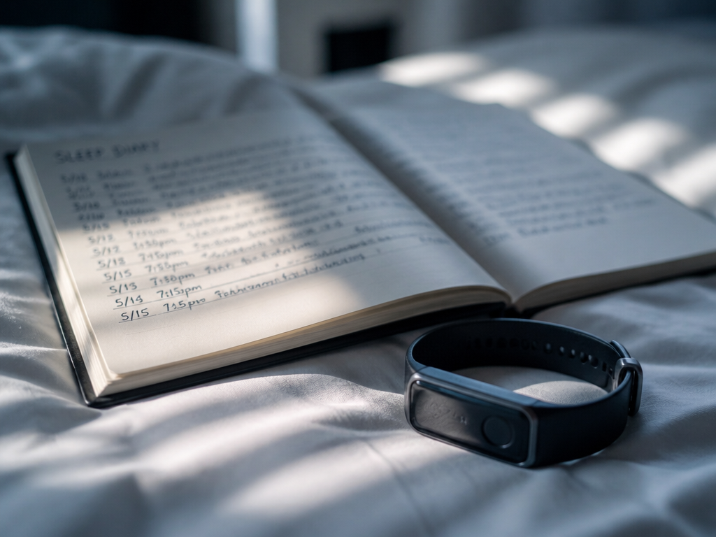 A photorealistic close-up shot of a wristband actigraphy device resting on a rumpled white…