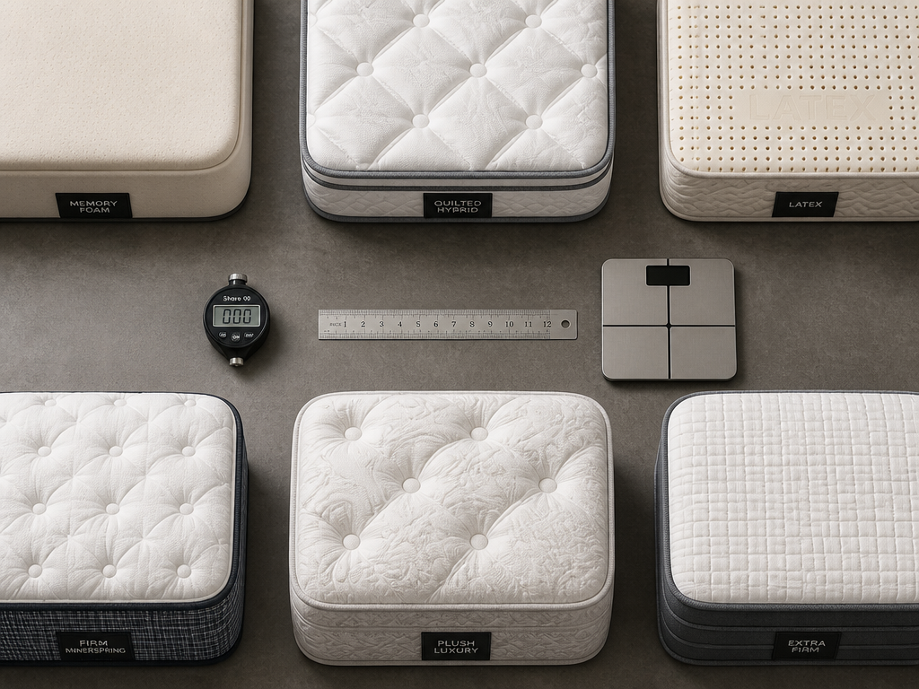 Overhead flat-lay photograph of six distinct mattress corners arranged in a neat grid on…