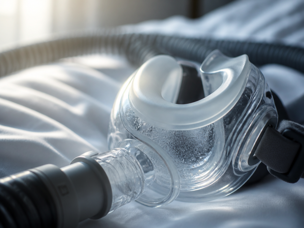 Extreme close-up macro photograph of a modern nasal CPAP mask and its silicone cushion…