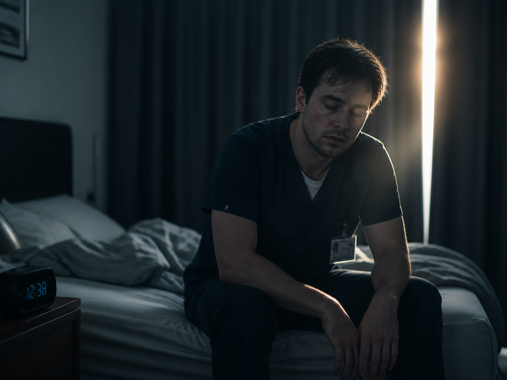 A lone night-shift worker sitting on the edge of an unmade bed in a…