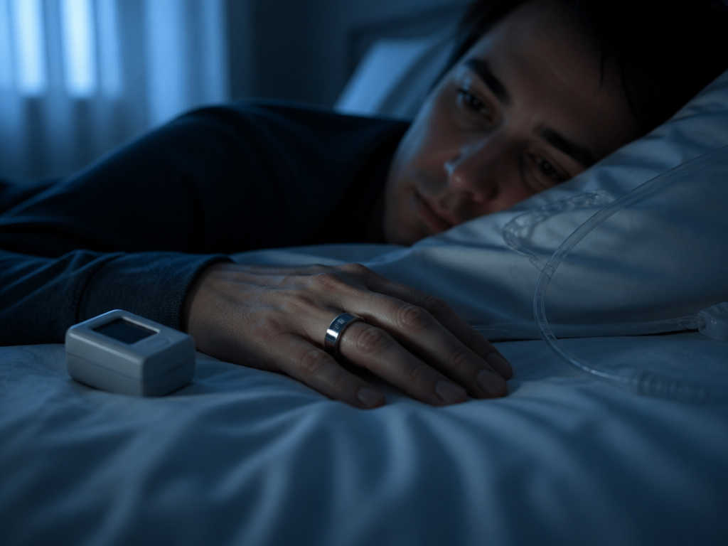 A photorealistic close-up shot of a person lying awake in bed at pre-dawn, wearing…