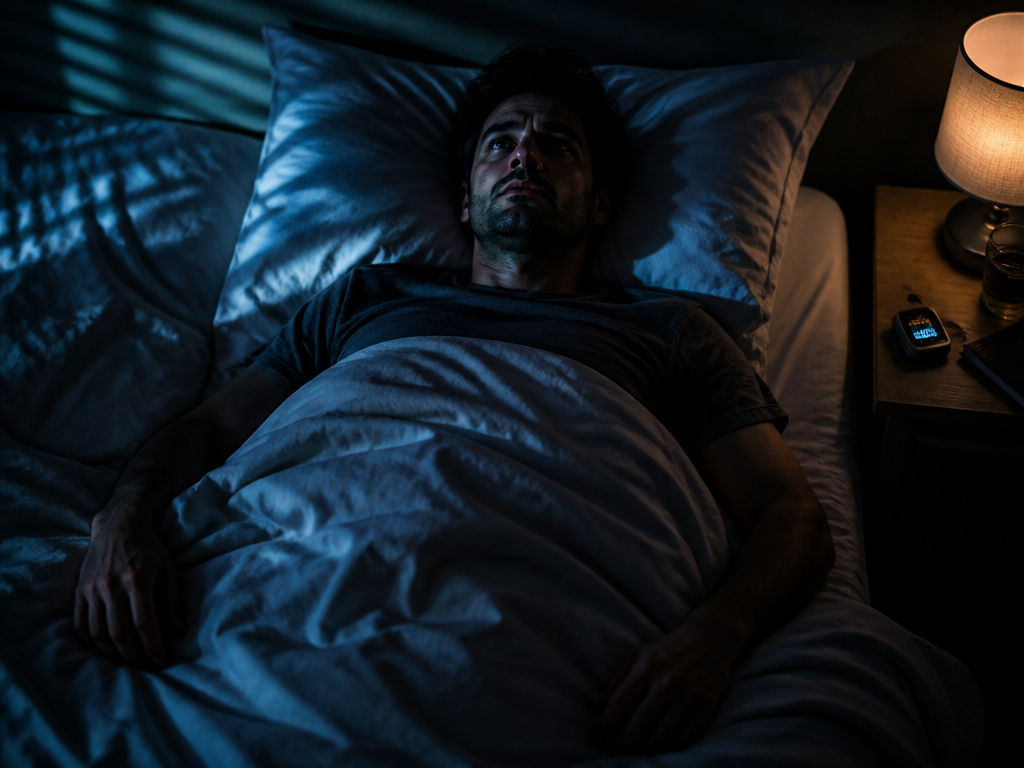 A cinematic, photorealistic overhead shot of a person lying awake in a dark bedroom…