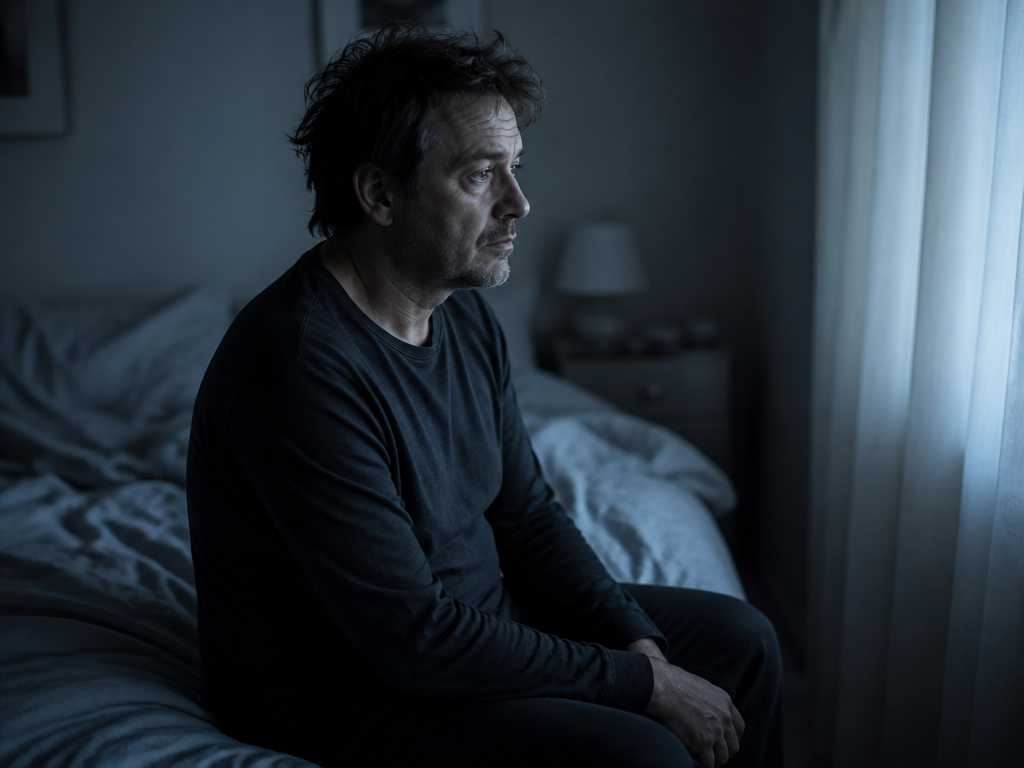 A middle-aged man sitting alone on the edge of a rumpled bed in the…