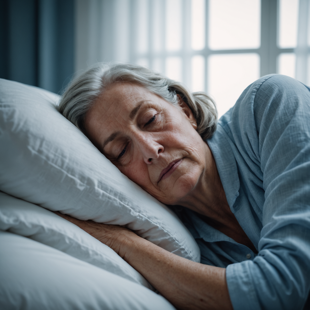 A serene close-up photograph of an older woman in her late 60s lying peacefully…