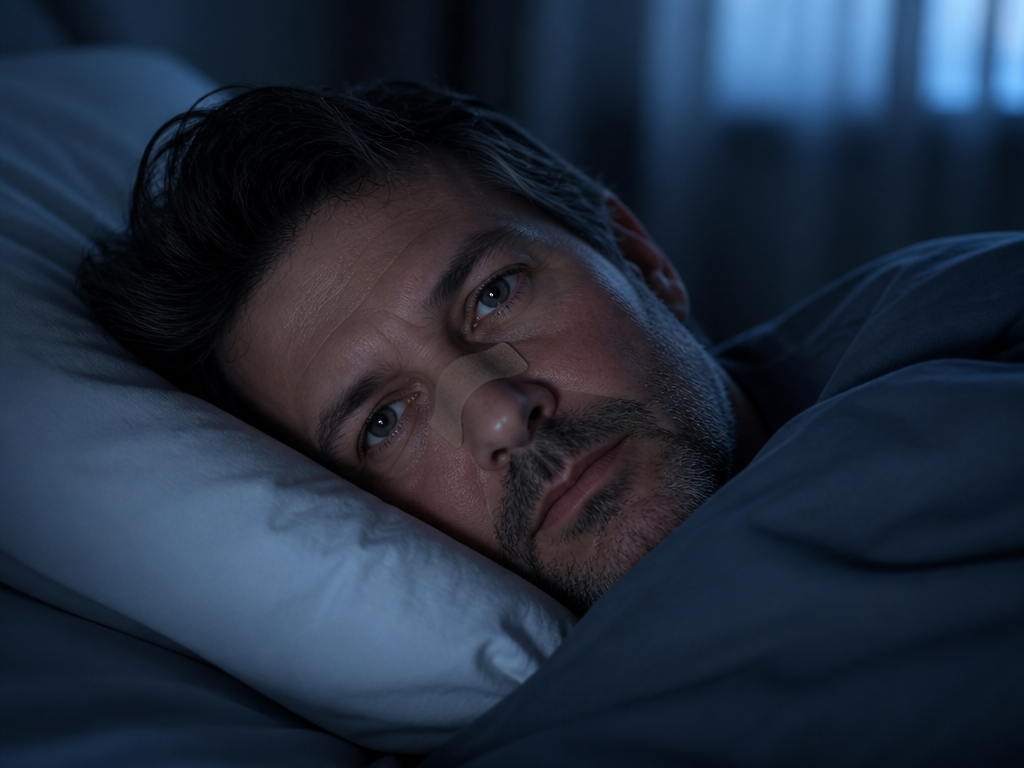 A close-up photorealistic portrait of a middle-aged man lying awake in a dimly lit…