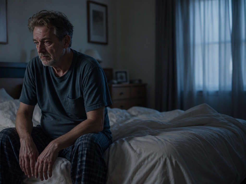 A photorealistic environmental portrait of a weary man in his fifties sitting on the…