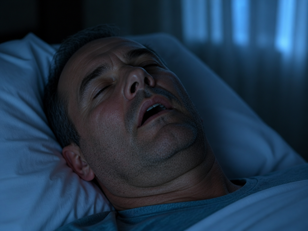 A close-up portrait of a middle-aged man lying asleep on his back in a…