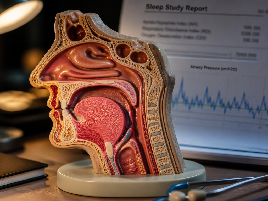 A clinical yet human medical scene: a detailed anatomical model of the human head…