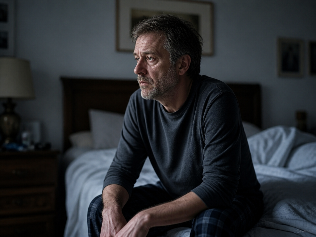 A photorealistic portrait of a tired man in his fifties sitting on the edge…