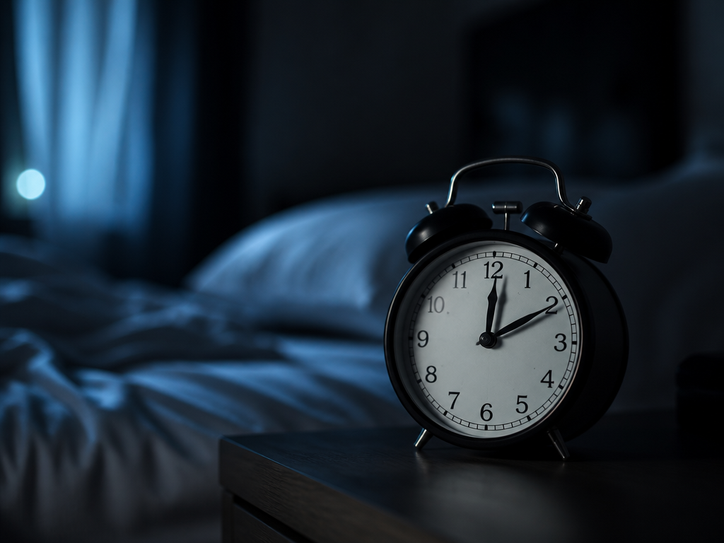 A close-up photorealistic photograph of a dimly lit bedroom at night, a bedside analog…