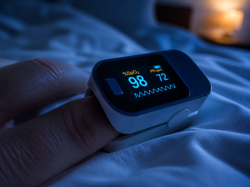 A close-up macro photograph of a fingertip pulse oximeter clipped onto a finger resting…