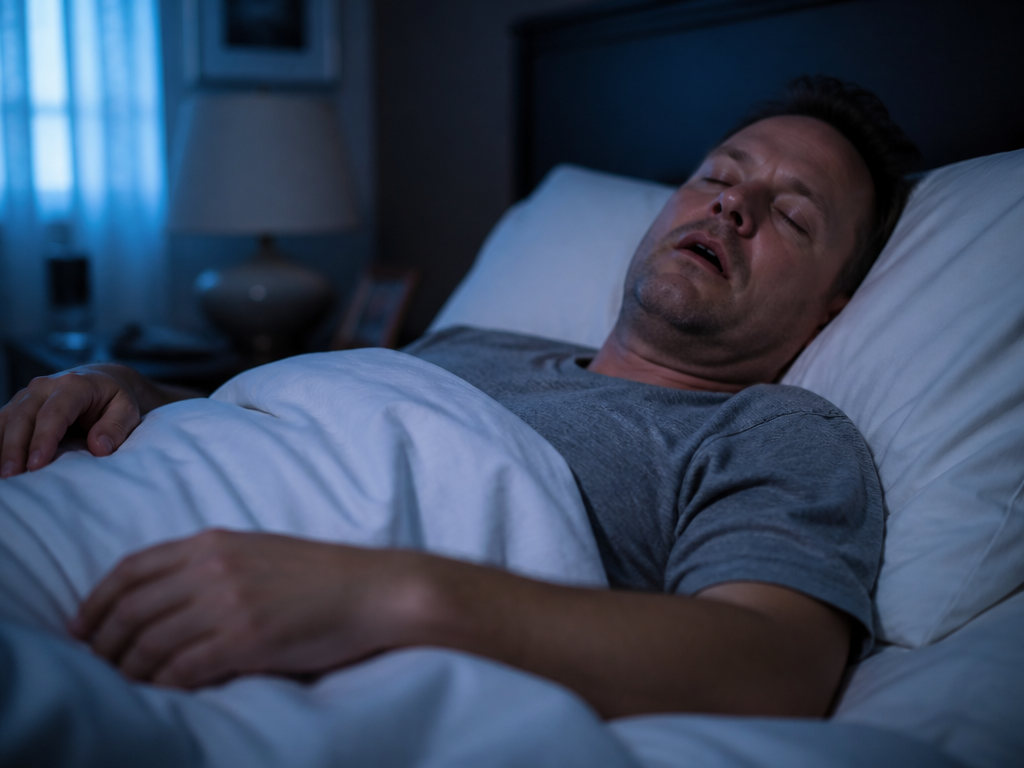 A photorealistic medium shot of a middle-aged man lying on his back asleep in…