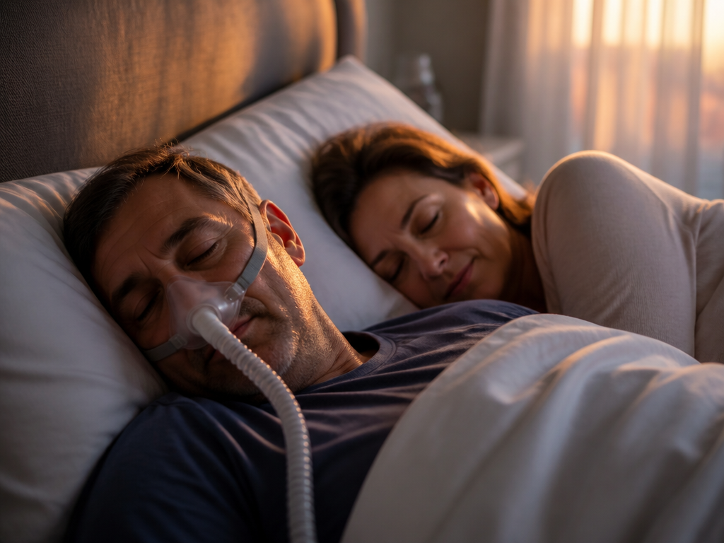 A tender, intimate bedroom scene at early dawn, shot on a full-frame camera with…