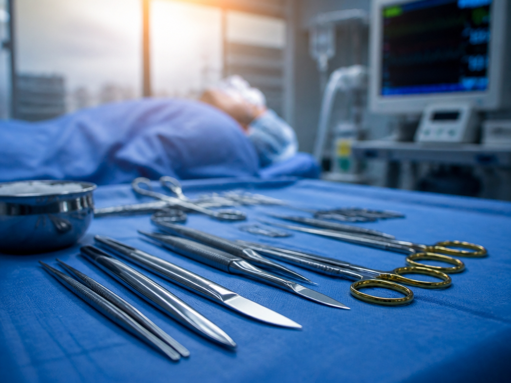 A close-up photorealistic medical still life of a sleep surgery operating room at dawn…