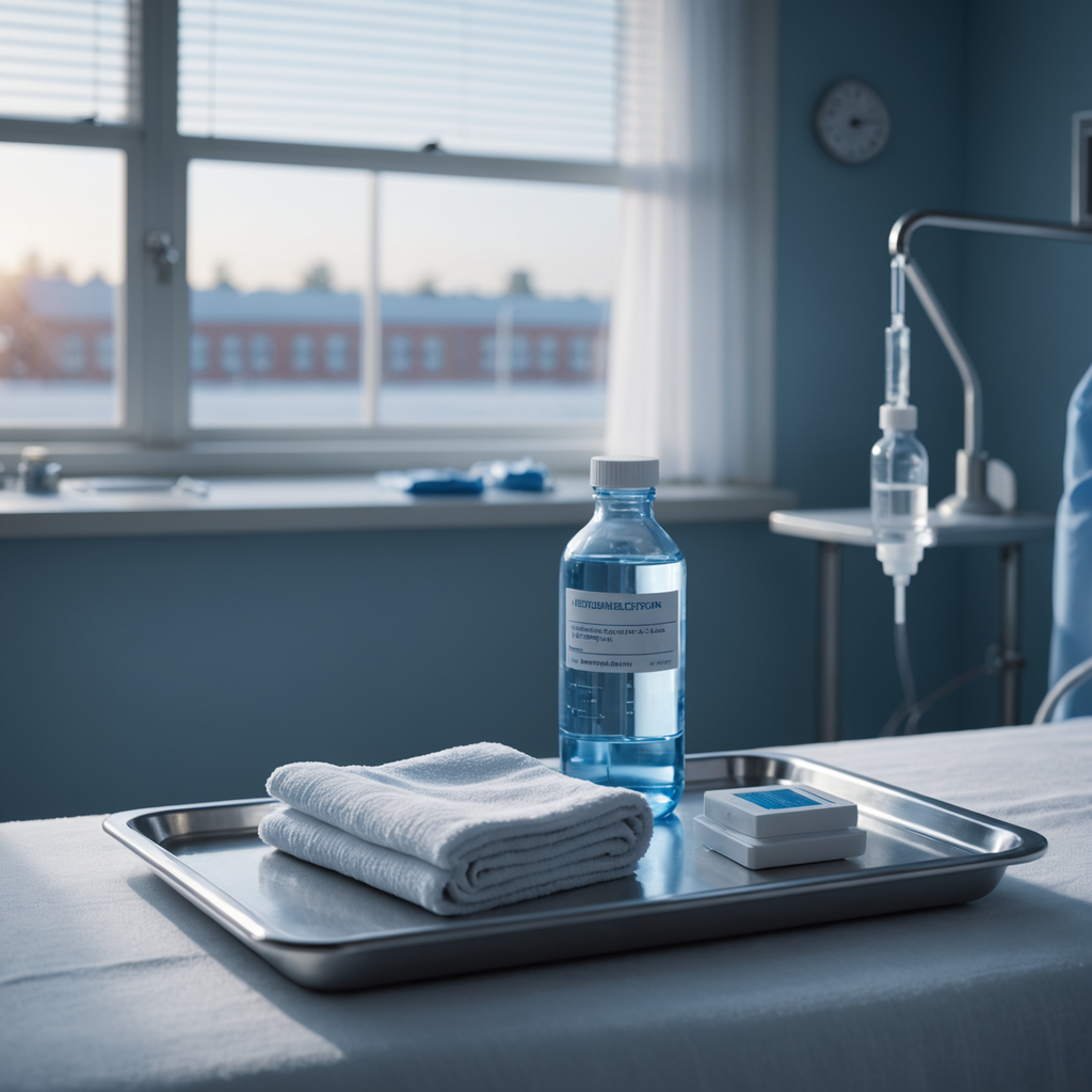 A close-up photorealistic image of a hospital pre-operative holding bay at dawn, soft cool…