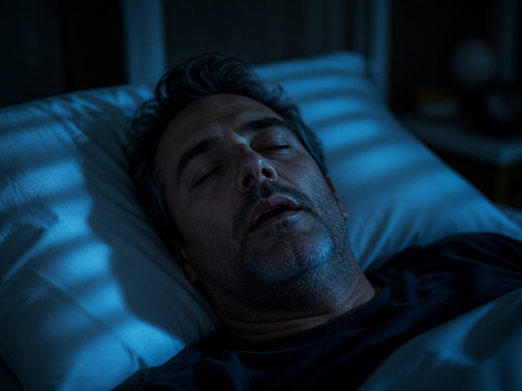 A close-up photorealistic portrait of a middle-aged man asleep in a dim bedroom at…
