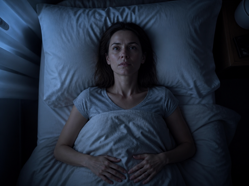 A photorealistic overhead portrait of a slim woman in her late thirties lying awake…