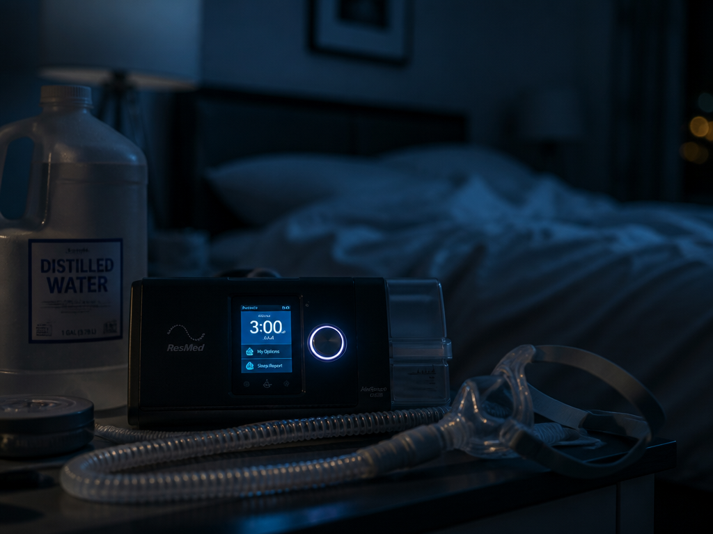 A close-up photorealistic still life of a modern CPAP machine on a nightstand in…
