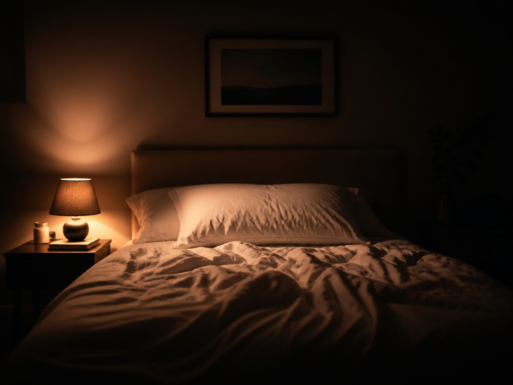 A photorealistic interior shot of a quiet bedroom at night, illuminated only by a…