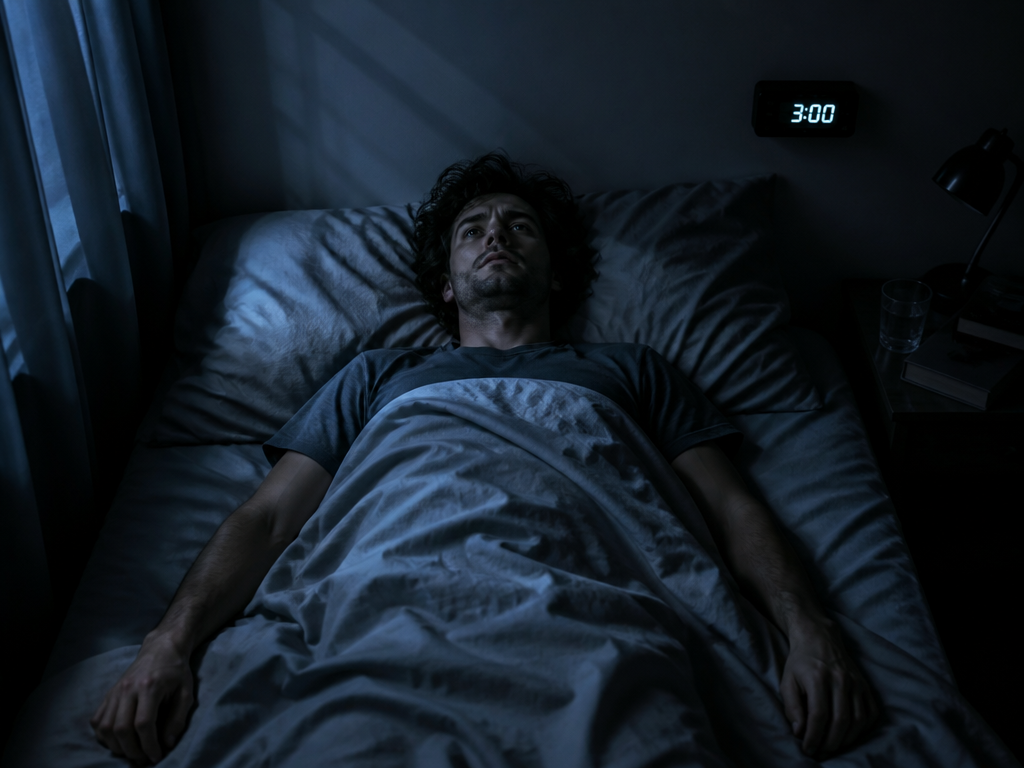 A photorealistic wide shot of a person lying awake in bed at 3 a.m…
