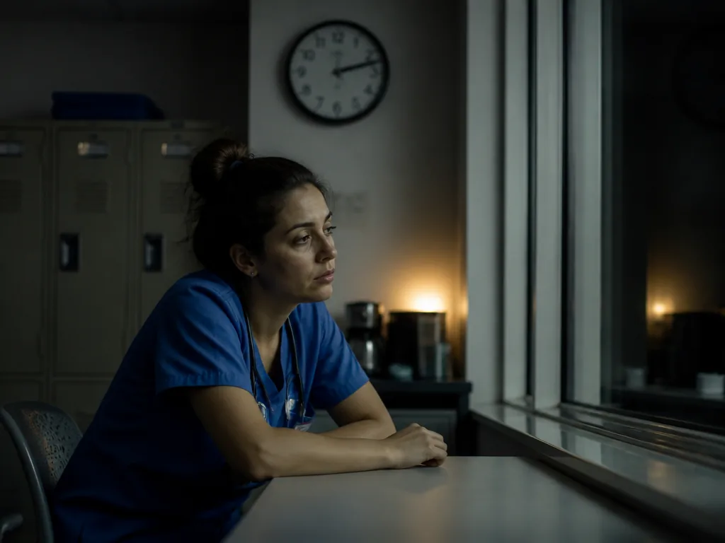 A photorealistic nighttime portrait of a fatigued nurse in blue scrubs sitting alone in…