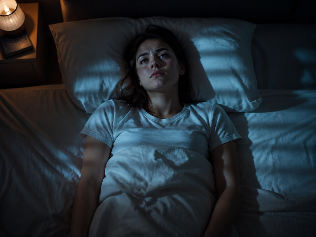 A photorealistic overhead shot of a person lying awake in bed at 3 a.m…