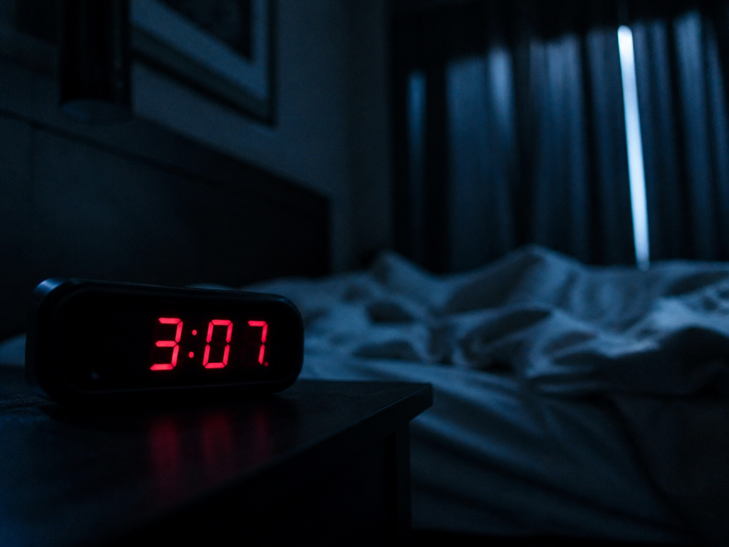 A dimly lit bedroom captured at 3 a.m., a digital clock on the nightstand…