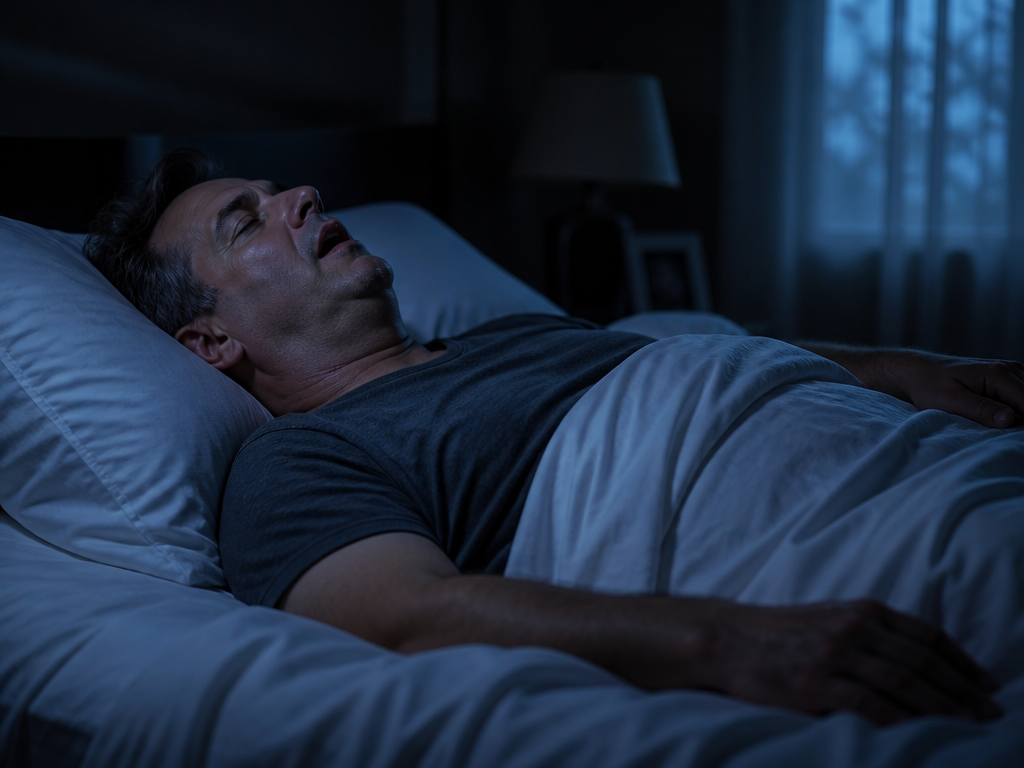 A dimly lit bedroom at night, photographed from a low bedside angle, showing a…