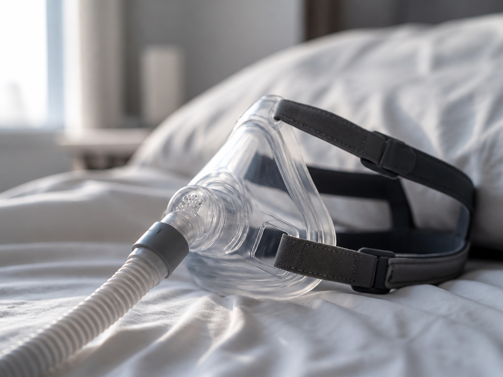 Close-up photorealistic photograph of a full-face CPAP mask and its attached hose resting on…