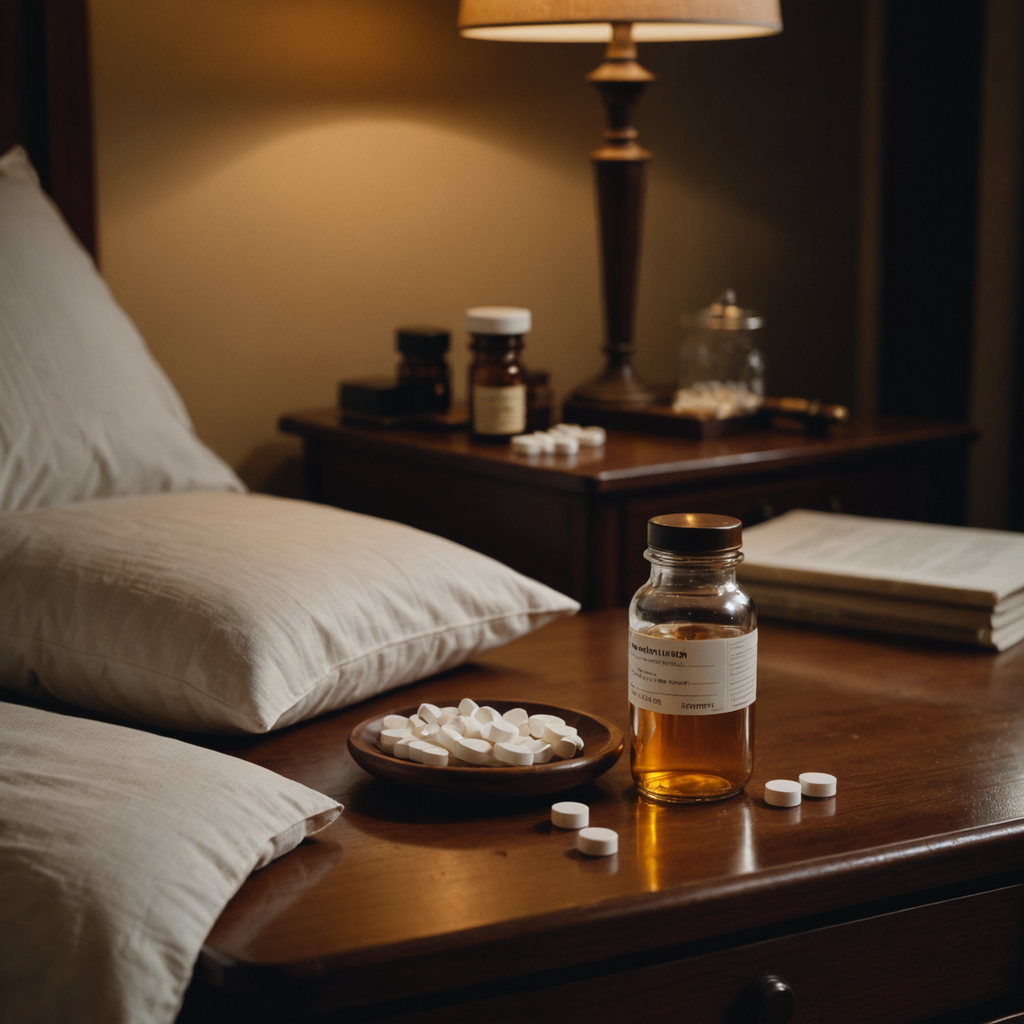 A close-up still life photograph on a dark walnut bedside table at 3 a.m…