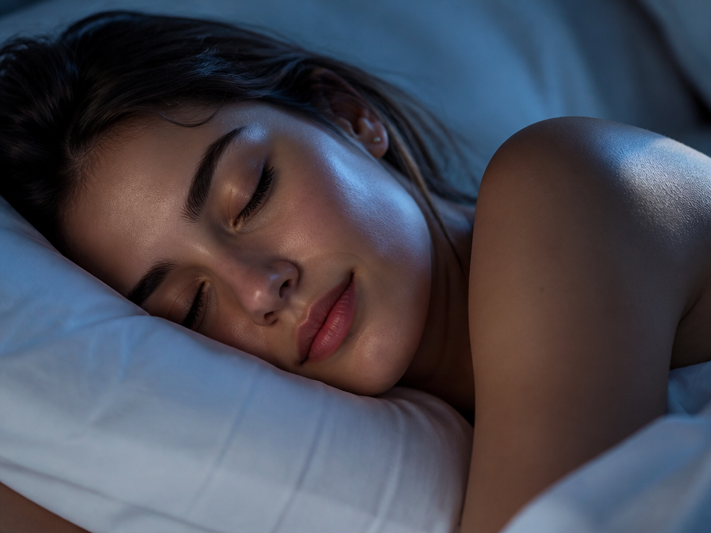 A serene, close-up portrait of a woman lying on crisp white bed linens in…