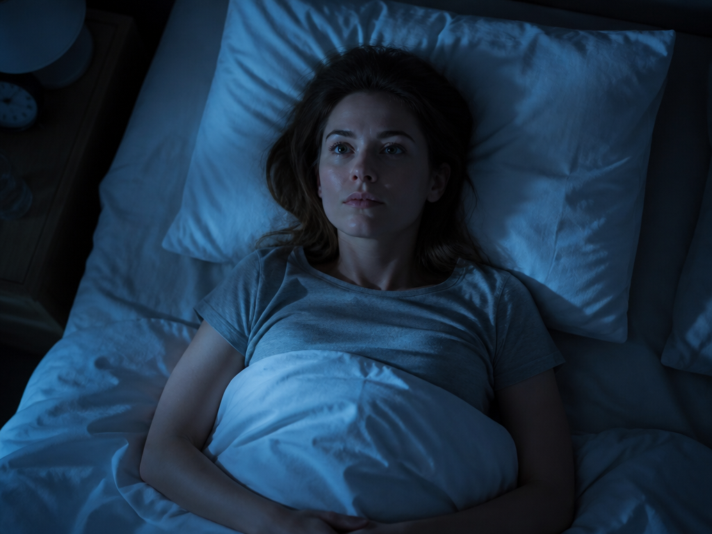 A photorealistic overhead shot of a woman lying awake in bed at 2 a.m…