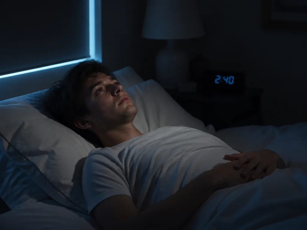 A dim bedroom at 2:40 in the morning, a person lying awake on their…