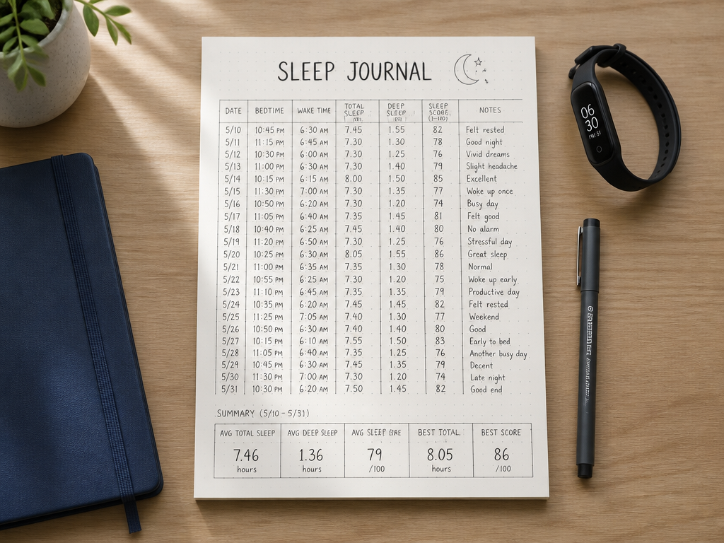 An overhead flat-lay on a light wooden desk showing a handwritten paper sleep journal…