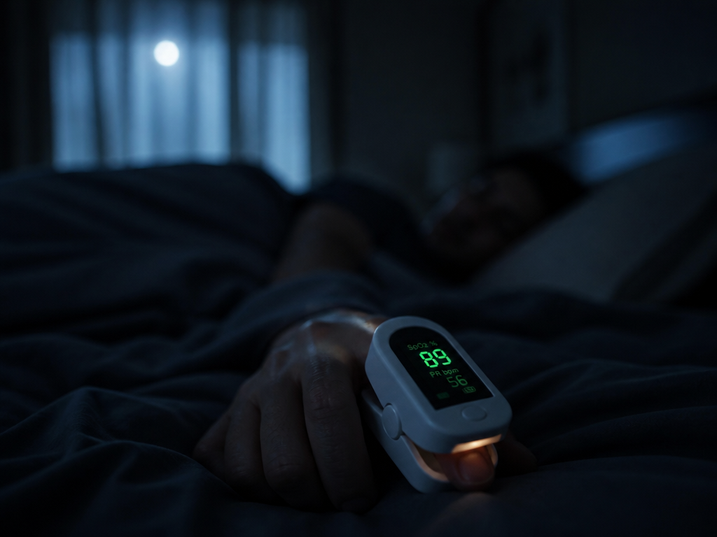 A close-up macro photograph of a small white pulse oximeter clipped onto an index…
